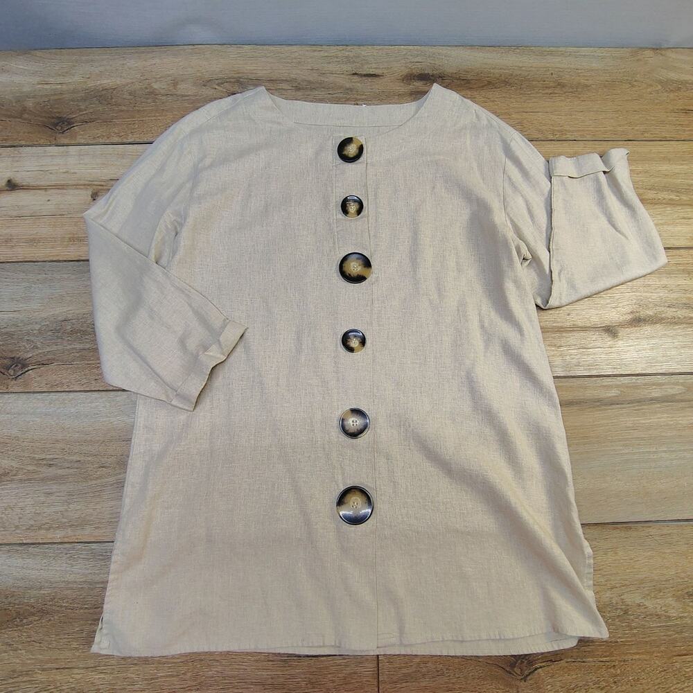 Peck & Peck Linen Tunic Blouse Large Tortoise Button Beige Coastal Lagenlook